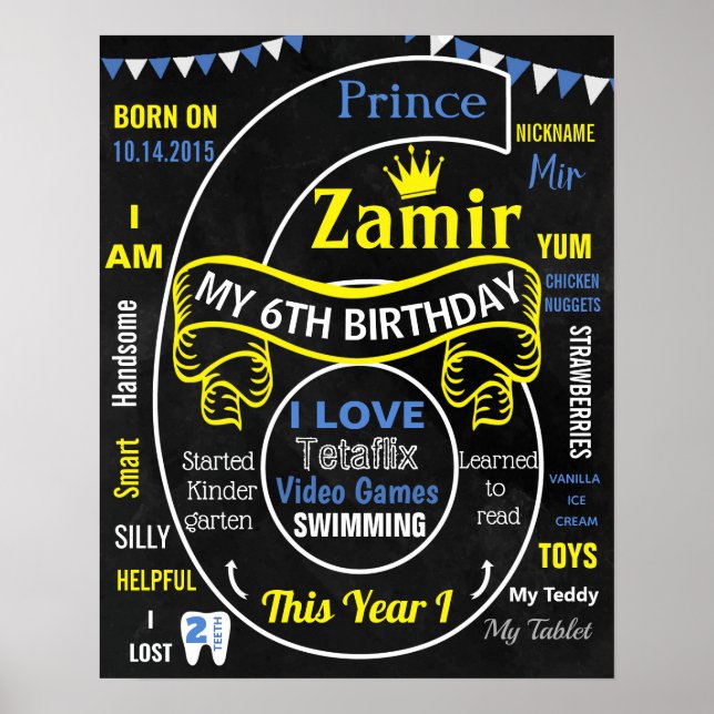 6th Birthday chalkboard sign milestone (Front)