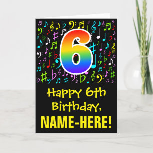 6th Birthday: Colourful Music Symbols + Rainbow 6 Card