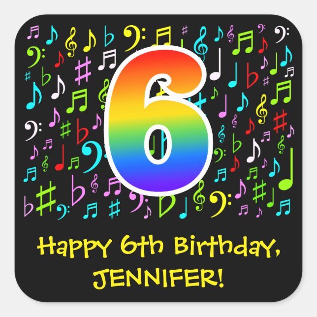 6th Birthday: Colourful Music Symbols, Rainbow 6 Square Sticker (Front)