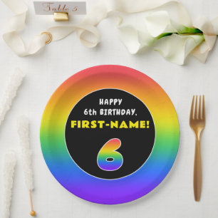 6th Birthday: Colourful Rainbow # 6, Custom Name Paper Plate