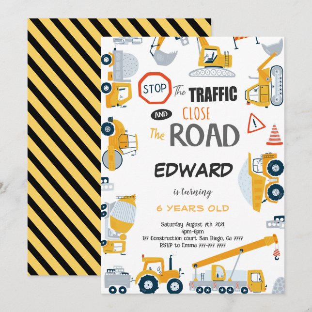 6th Birthday Construction Boy Invitation (Front/Back)