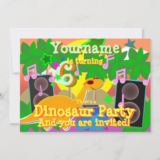 6th Birthday Cool Dinosaur DJ Party Invitations (Front)