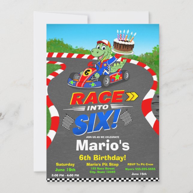 6th Birthday Dinosaur Race Car Ready Set Invite (Front)