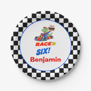 6th Birthday Dinosaur Race Car Ready Set Paper Plate
