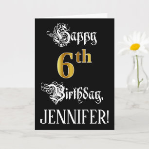 6th Birthday — Fancy Script; Faux Gold Look; Name Card