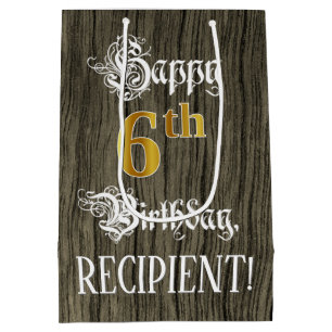 6th Birthday: Faux Gold Look & Faux Wood Pattern Medium Gift Bag