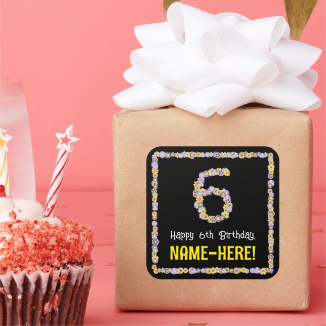 6th Birthday: Floral Flowers Number, Custom Name Square Sticker (Party)