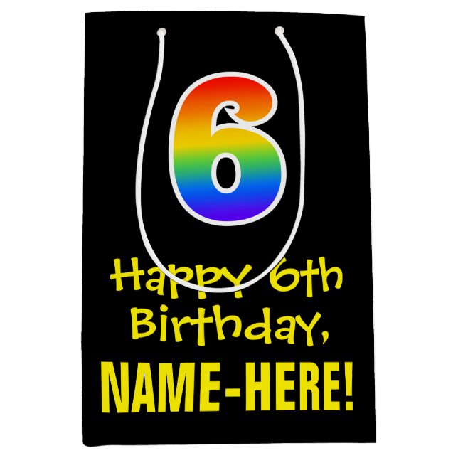 6th Birthday: Fun, Bold, Colourful, Rainbow "6" Medium Gift Bag (Front)