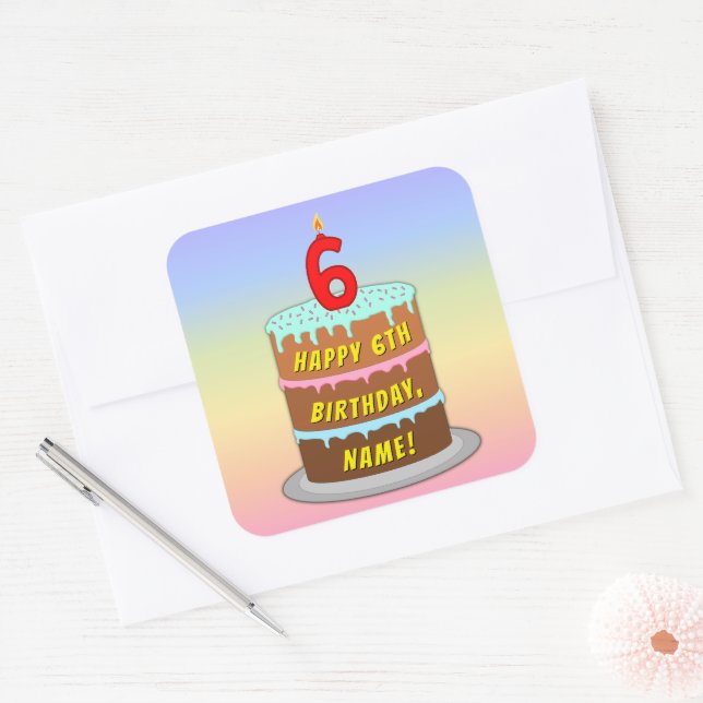 6th Birthday: Fun Cake and Candle + Custom Name Square Sticker (Envelope)