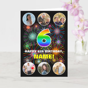 6th Birthday: Fun Rainbow #, Custom Name & Photos Card