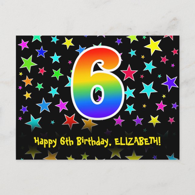 6th Birthday: Fun Stars Pattern, Rainbow 6, Name Postcard (Front)