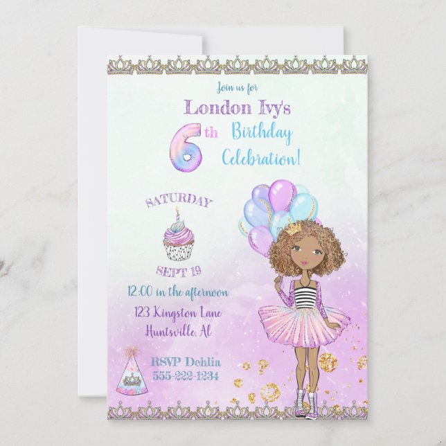 6th Birthday Girl Princess African American Invitation (Front)