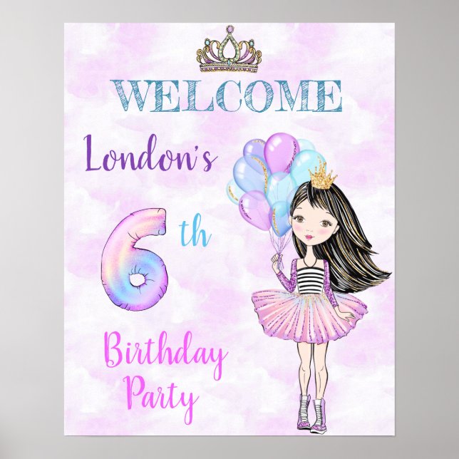 6th Birthday Girl Princess Lavender Turquoise Poster (Front)