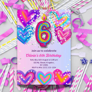 6th Birthday Invitation for Girls Glitter Heart 6