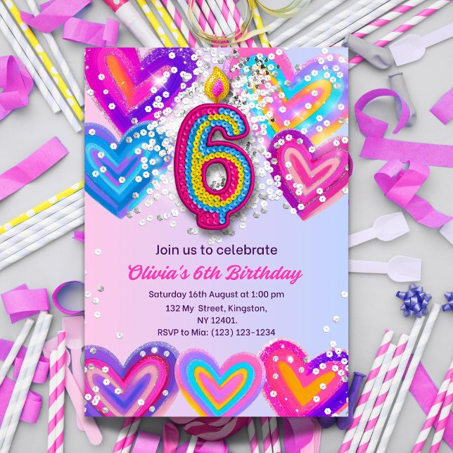 6th Birthday Invitation for Girls Glitter Heart 6  (Creator Uploaded)