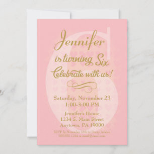6th Birthday Invitation Girls Pink Gold Hearts