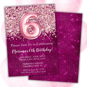 6th Birthday Invitation Girly Magenta Pink Glitter