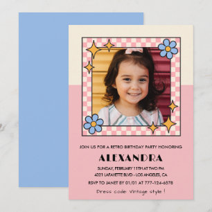 6th birthday invitation Retro Groovy Pink Flowers