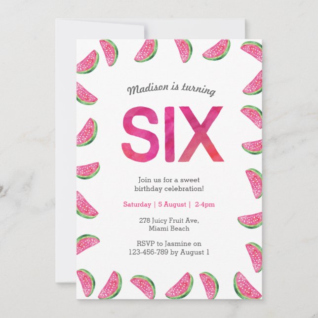 6th Birthday Invitation | tropical watermelon pink (Front)