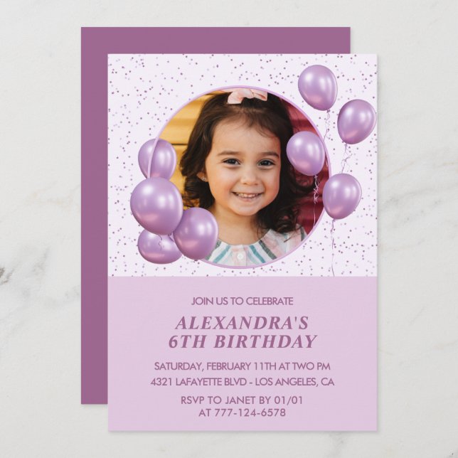 6th birthday invitations Balloons Photo Purple (Front/Back)