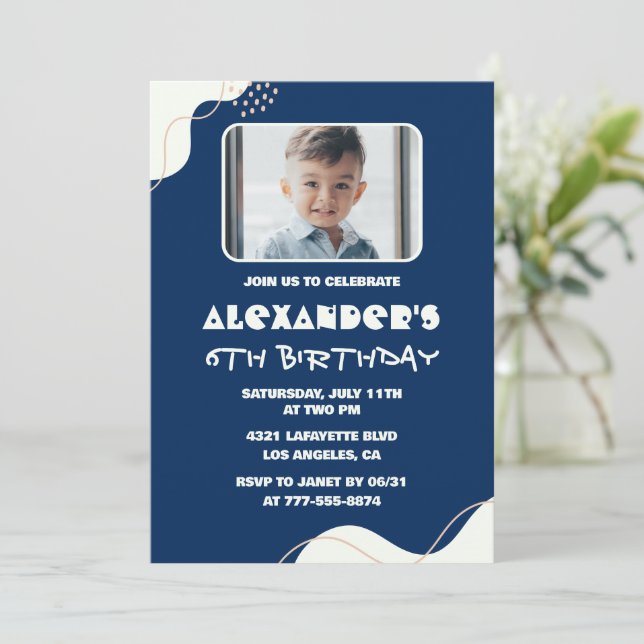6th birthday invitations Boy Photo Simple Navy  (Standing Front)