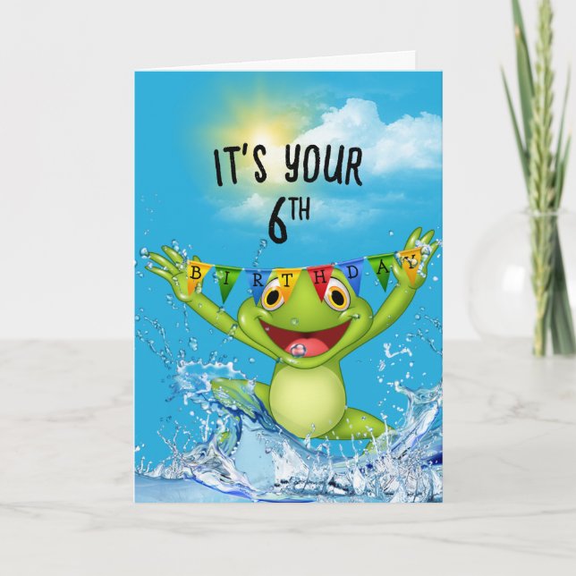 6th Birthday Jumping Frog in Water Card (Front)