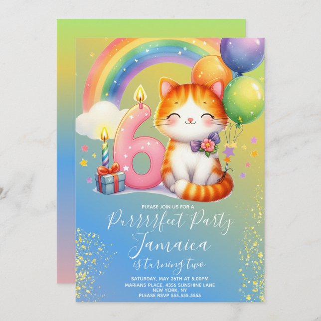 6th Birthday Kitten Rainbow Party Invitation (Front/Back)