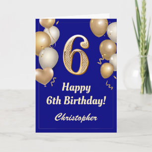 6th Birthday Navy Blue and Gold Balloons Confetti Card