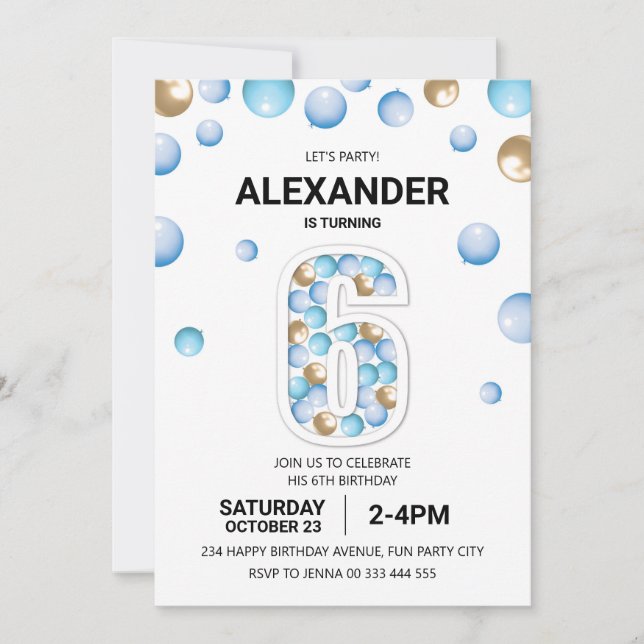 6th Birthday Party, Blue and Gold Balloon Boy Invitation (Front)