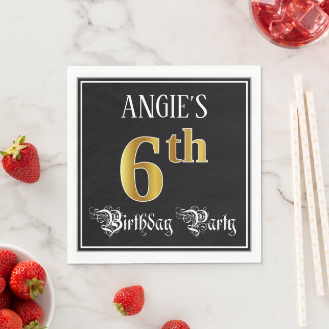 6th Birthday Party — Fancy Script, Faux Gold Look Napkin (Insitu)