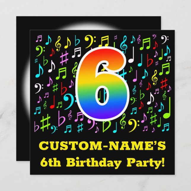 6th Birthday Party: Fun Music Symbols, Rainbow 6 Invitation (Front/Back)