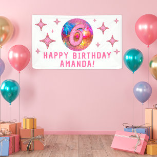 6th Birthday Party Gold Pink Glitter Disco Ball Banner