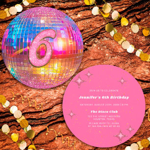 6th Birthday Party Gold Pink Glitter Disco Ball Invitation