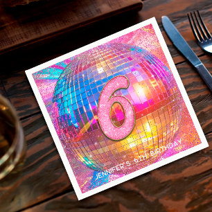 6th Birthday Party Gold Pink Glitter Disco Ball Napkin