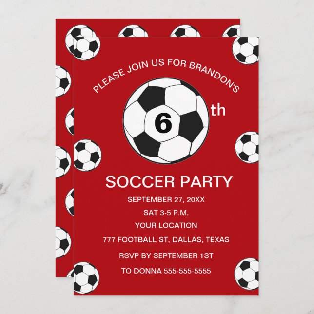 6th Birthday Party Soccer Red Boys Sports Invitation (Front/Back)