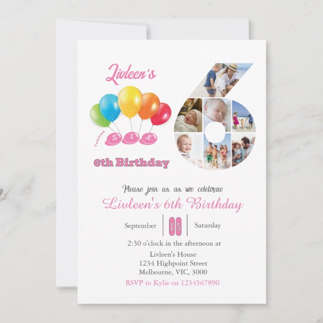 6th birthday photo collage number 6 Girl  Invitation (Front)