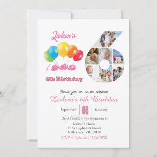 6th birthday photo collage number 6 Girl Invitation