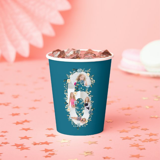 6th Birthday Photo Teal Collage Blue Yellow Flower Paper Cups (Insitu)
