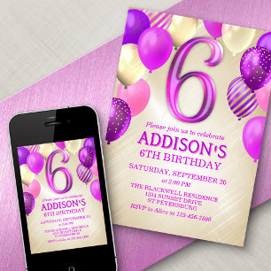 6th Birthday Pink Balloons Invitation