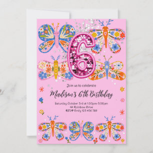 6th Birthday Pink Butterfly Invitation