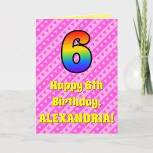 6th Birthday: Pink Stripes & Hearts, Rainbow # 6 Card