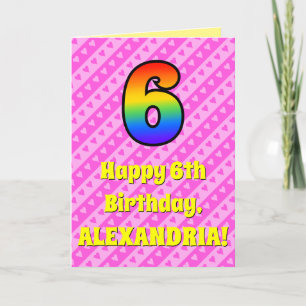 6th Birthday: Pink Stripes & Hearts, Rainbow # 6 Card