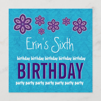 6th Birthday Purple Flowers and Stars Custom Name Invitation