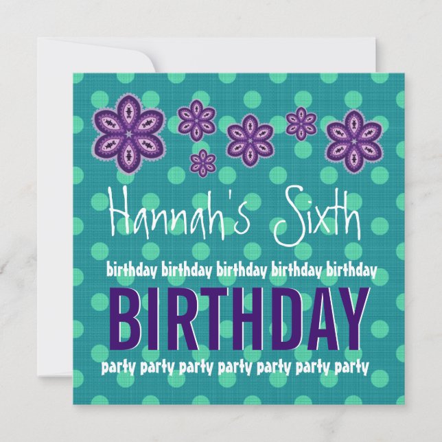 6th Birthday Purple Flowers Polka Dots Custom V11 Invitation (Front)