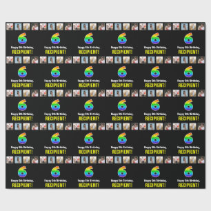 6th Birthday: Rainbow “6“; Custom Photos & Name Wrapping Paper