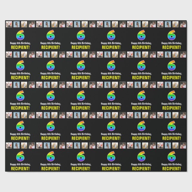 6th Birthday: Rainbow “6“; Custom Photos & Name Wrapping Paper (Seam)