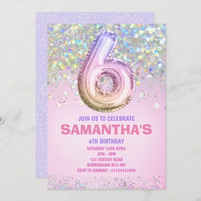 6th Birthday, Rainbow Glitter Birthday Invitation (Front/Back)
