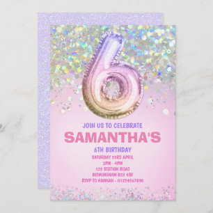 6th Birthday, Rainbow Glitter Birthday Invitation
