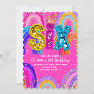 6th Birthday Rainbow Hot Pink Party Invitation