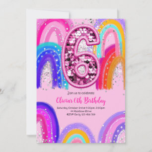 6th Birthday Rainbow Pink Party Invitation
